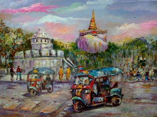Art Oil painting Fine art Thailand Tuk Tuk  car , taxi