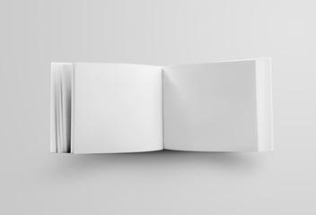 Template of a white book landscape orientation, standing and open in the middle, a standard object...