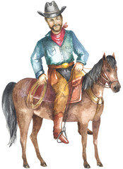 Fototapeta premium Watercolor cowboy on horseback