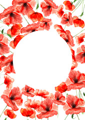 red watercolor poppies with a circle in the center of the pattern
