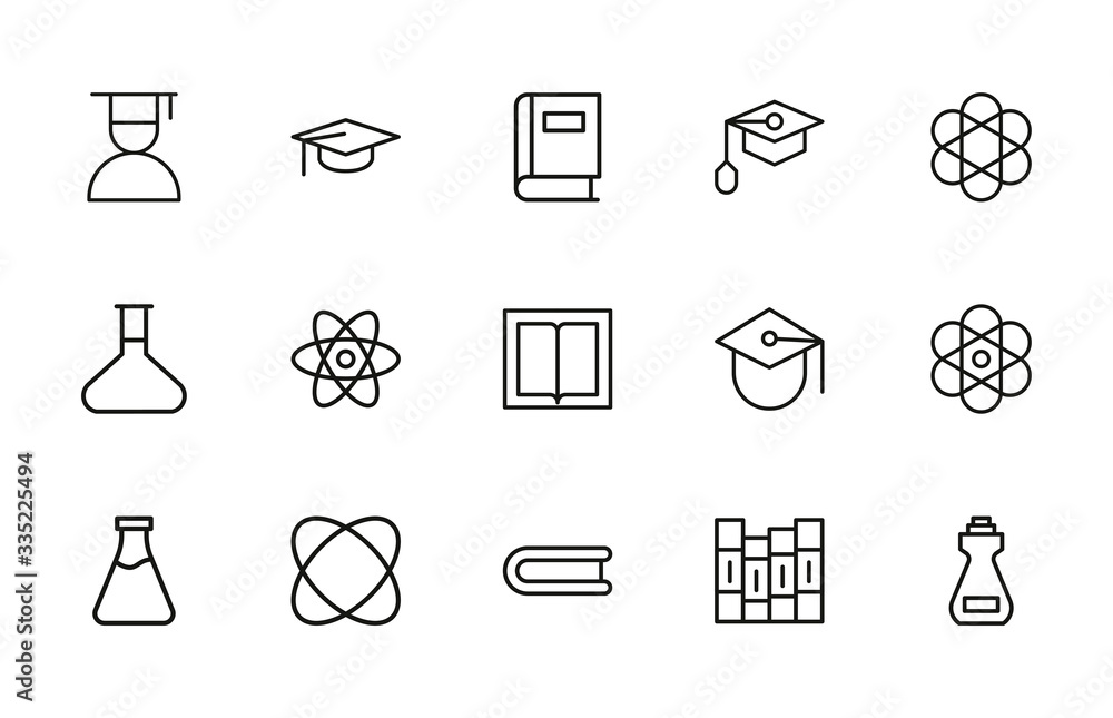 Poster stroke line icons set of science.