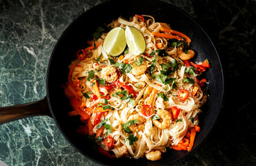 Pad thai noodles with shrimps