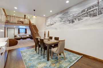 Luxury natural rustic and modern dining room interior design with tall ceiling and mural of old village