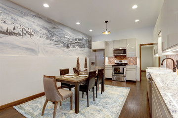 Luxury natural rustic and modern dining room interior design with tall ceiling and mural of old village