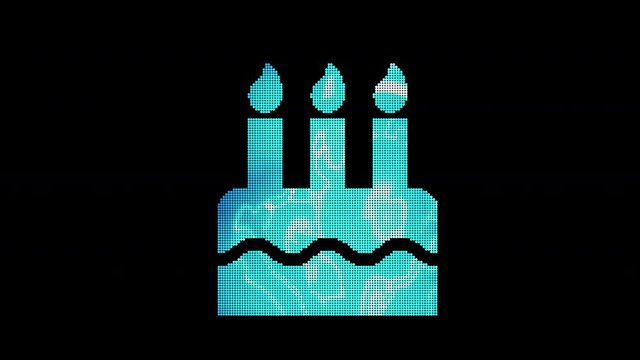 The symbol birthday cake is assembled from small balls. Then it shimmers with blue. It crumbles and disappears. In - Out loop. Alpha channel Premultiplied - Matted with color black
