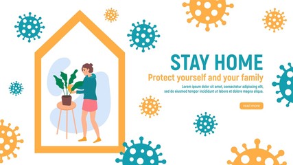 Stay home concept. Young girl watering flowers at her home in quarantine isolated on white background. Flatten the curve an outbreak of the COVID-19 virus. Social distance concept. Vector illustration