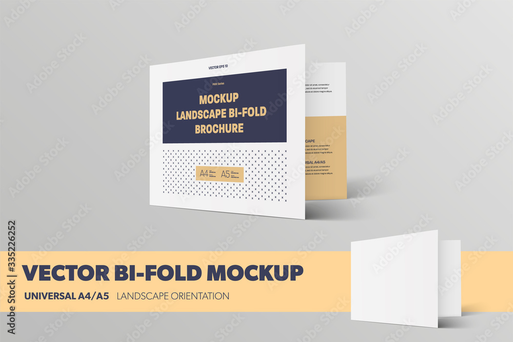 Aufkleber mockup of vector bifold with realistic shadows, standard size blank brochure isolated on background.
