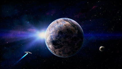 Obraz na płótnie Canvas Space background. Spaceship fly to planet in colorful blue nebula. Elements furnished by NASA. 3D rendering