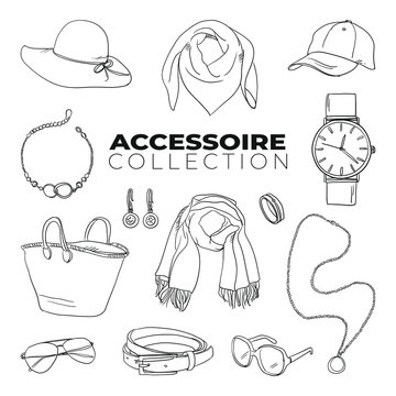 Doodle set of Fashion Accessoires Collection – accessory, bag, beauty, handbag, luxury, jewelry, belt, chain watch, cap, earing, bangle, bracelet, scraf, bandana, hand-drawn. sketch illustration
