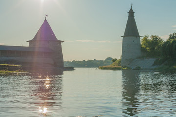 Russia, Pskov, Trinity cathedral's castle, river Pskova