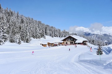 Beautiful ski resort with wooden chalet next to ski slope