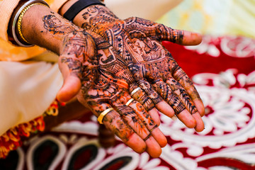 Indian wedding ceremony : groom hand with mehandi design