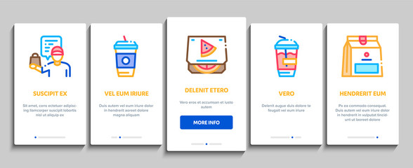 Take Away Food And Drink Delivery Onboarding Mobile App Page Screen Vector. Cooked Pizza And Chicken Box, Tea And Coffee Cup, Take Away Collection Color Contour Illustrations