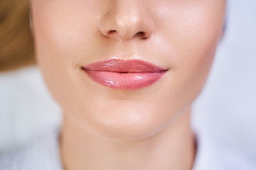 Happy woman at beauty salon stock photo