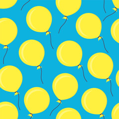 Seamless vector birthday party pattern with bright yellow balloons on blue background. Gift wrapping paper, interior, cloth, fabric or web design.