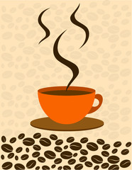 Cup of coffee and coffee beans. coffee smoke. 
Coffee with a pleasant conversation.  
