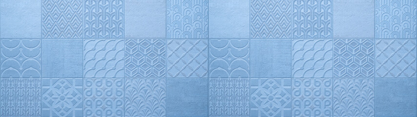 Blue bright vintage retro geometric square mosaic motif tiles texture background banner panorama
