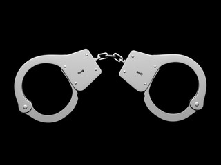 Closed metal handcuffs on black background. 3d rendering illustration