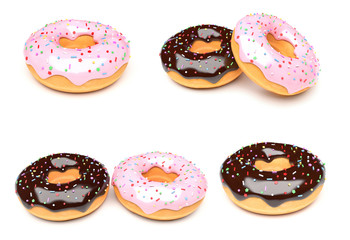 Donuts with chocolate and pink frosting. 3d rendering illustration