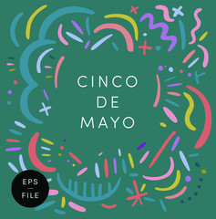 Cinco de Mayo. 5th May. The fifth of May Day. Mexican national holiday. Festive funky vector. White text. Banner sign card newsletter header social media design. Colorful ornaments bright vivid colors