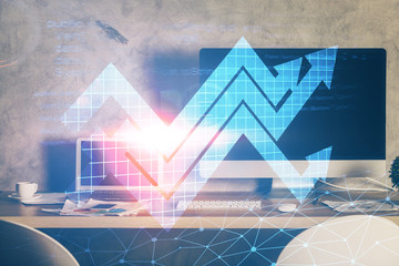 Computer on desktop with point up arrows hologram. Double exposure. Concept of success.