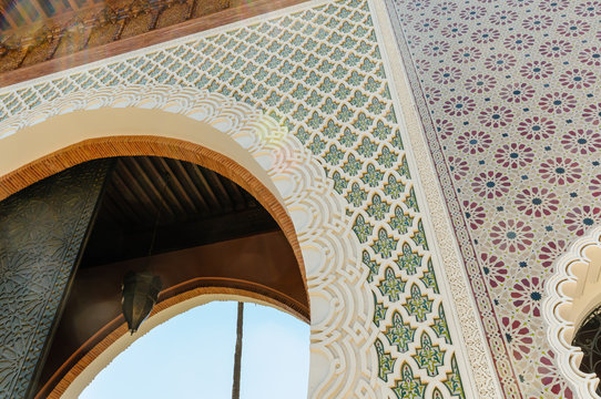 Intricate plasterwork around the arch of the Royal Mansour, Marrakech, Morocco