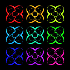 Neuf formes en 3D à bases de cœurs multicolores entrelacés sur fond noir