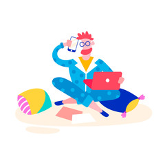 Obraz premium Just stay at home. Home office, working. Freelance, distant job. Coronavirus pandemic self isolation, health care, protection. Flat colourful vector illustration icon isolated on white background.