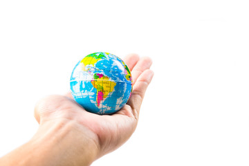 Abstract hand holding earth on white background. Beautiful world concept created by our hands.