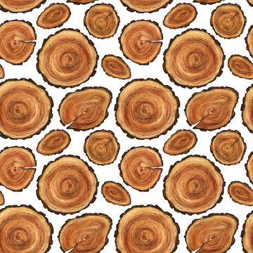 Seamless pattern with wood cut. Eco-friendly wooden background. Watercolor illustration with texture of the trees. Nature, stump, wood, woodcutter, brown