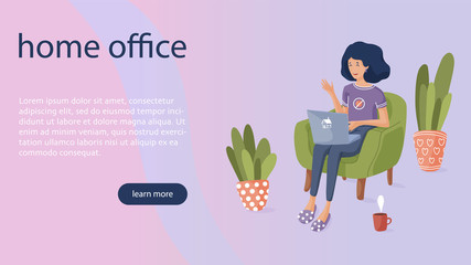 Web template of freelance work from home due to coronavirus quarantine. Woman takes online education. Flat vector.