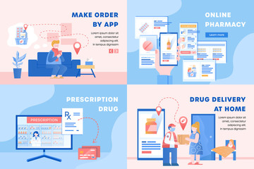 Online pharmacy in modern flat style. Set banners for online drugstore, prescription, medicament delivery at home. Templates for landing page, digital marketing, healthcare mobile app