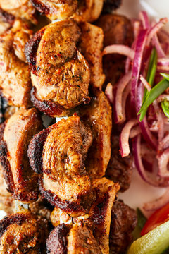 Shashlik on a barbecue skewers close up