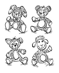 Cute teddy bear, bunny, puppy and sheep soft toy pet, sitting and waving for greeting, set of black and white cartoon