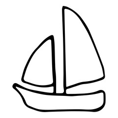 Minimalistic hand-drawn icon with a boat with sails. Internet symbol for your website design, logo, app, UI.