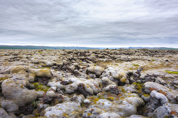 Peculiar Iceland landscape with lava field covered with brown moss Eldhraun from volcano eruption...