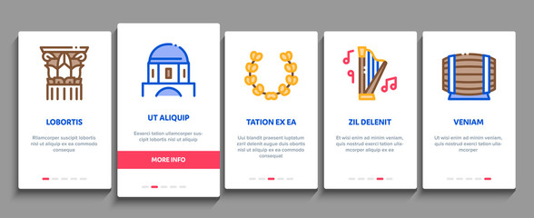 Greece Country History Onboarding Mobile App Page Screen Vector. Greece Flag And Antique Amphora, Building And Boat, Wine Barrel And Grape Color Contour Illustrations
