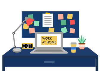 Laptop on home desk with work at home text on computer screen. Working desk with laptop, coffee, lamp, plant and paper notes. Freelancer work at home in flat design. Work from home vector illustration