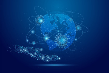 COVID-19 Pandemic concept. Coronavirus 2019-nCoV virus attack on Earth globe. Abstract low polygonal planet Earth and virus cells. Viruses, bacteria, microbes on world map simulation. 