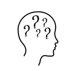 Linear silhouette of a human head on a white background. Question mark. Vector illustration.