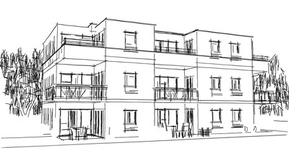 Esquisse d'architecte d'un petit immeuble résidentiel moderne avec balcon