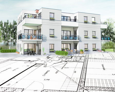 Concept 3D d'un petit immeuble résidence moderne avec balcon et jardin