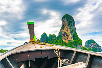 View from boat going to famous Railay beach, Krabi Thailand. Coastline of Andaman sea, famous...