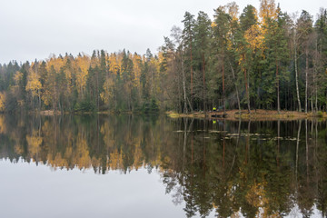 Fototapeta na wymiar Calm lake and forest in fall colors, Finland
