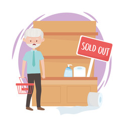 worried old man with empty basket and sold out shelf market excess purchase
