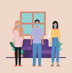 Man and women with masks in living room vector design