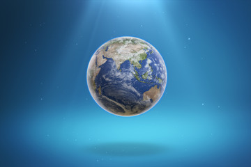 Obraz na płótnie Canvas 3D Render Planet Earth with Light Rays on Gradient Blue Background.