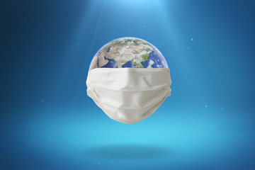 Obraz premium The Earth wears a mask to protected the spread of the virus. 3D Render earth wearing Mask protection Isolated with Clipping path on Dark Blue Light Ray Background.