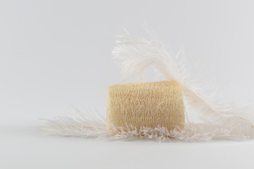 Natural ecological loofah is surrounded by two soft delicate feathers. Side view. On white background. - obrazy, fototapety, plakaty