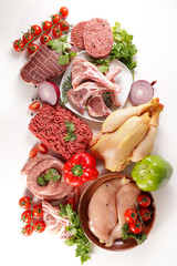 assorted of raw meats- minced beef, beef, chicken, lamb chop, roast beef, sausage